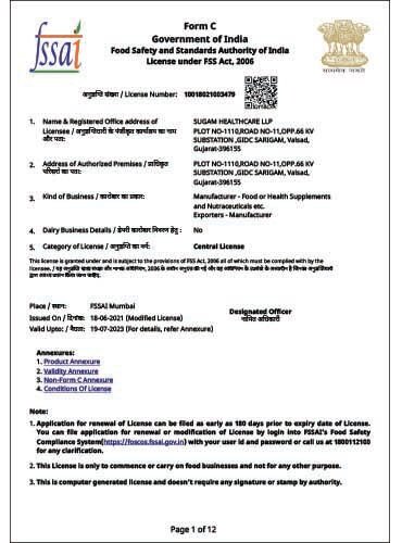 FSSAI Licence certificate of Sugam Healthcare LLP