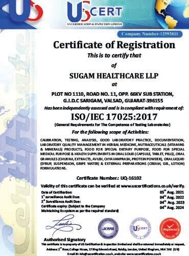 ISO/IEC 17025:2017 certificate of Sugam Healthcare LLP